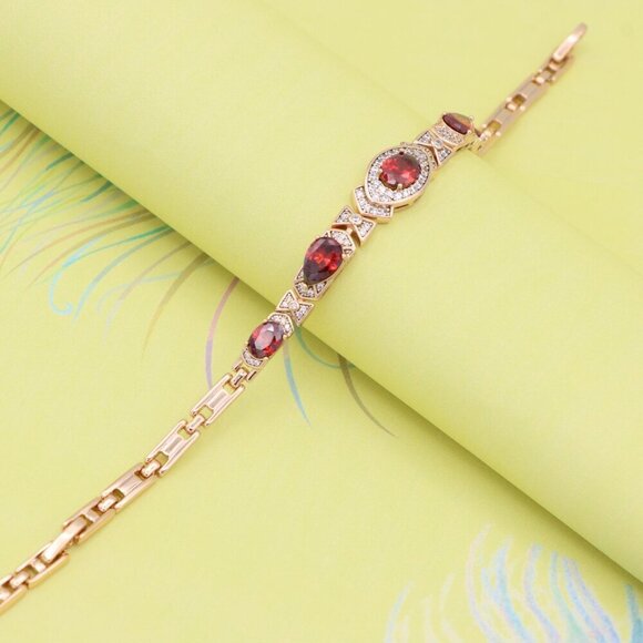 "Rose Gold Red Oval Stone Bracelet with Bow Design, XPBL0802 - Picture 2 of 12